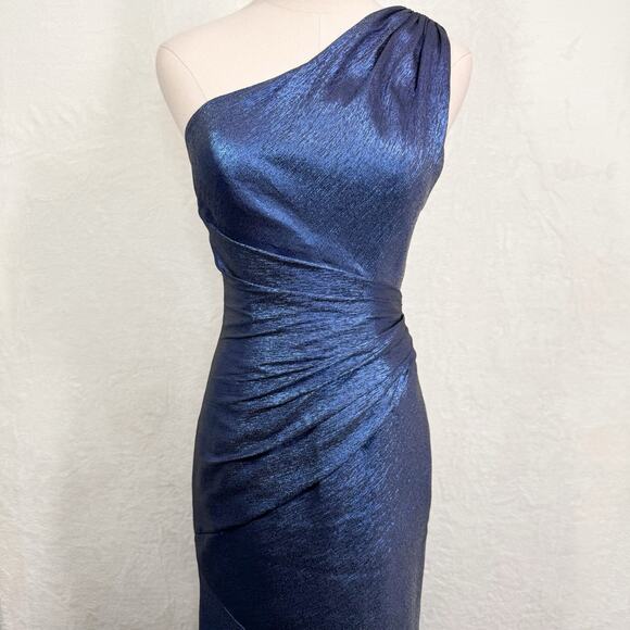 Theia One Shoulder Ruched Gown Sail Blue Silk Metallic Formal Wedding Size 2 - Picture 5 of 14